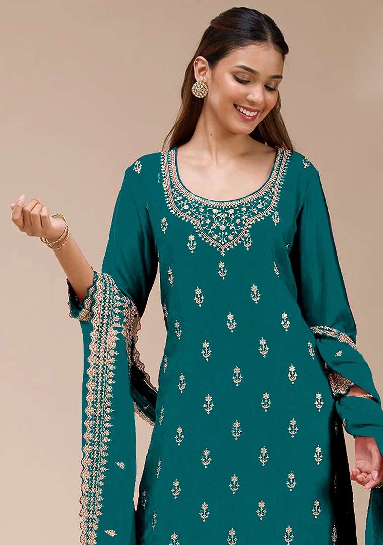 Teal Blue Embroidered Georgette Sharara Set - Indya
