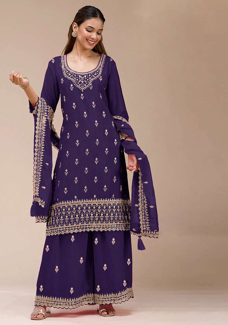 Blue Embroidered Georgette Sharara Set - Indya