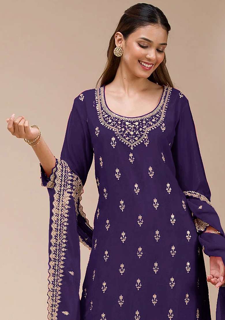 Blue Embroidered Georgette Sharara Set - Indya