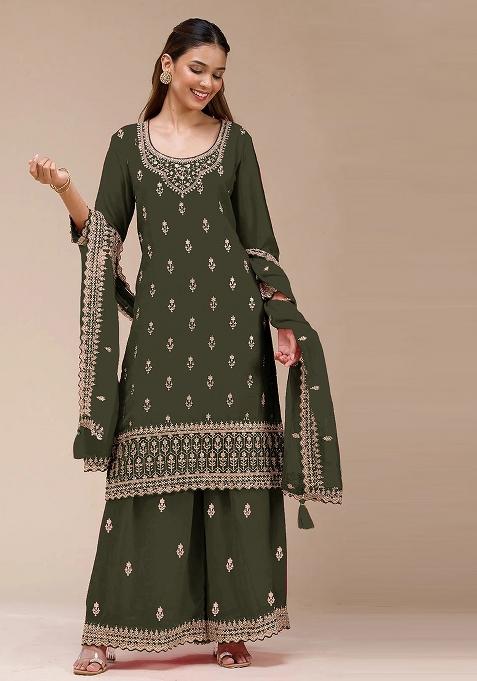 Green Embroidered Georgette Sharara Set — view on Indya