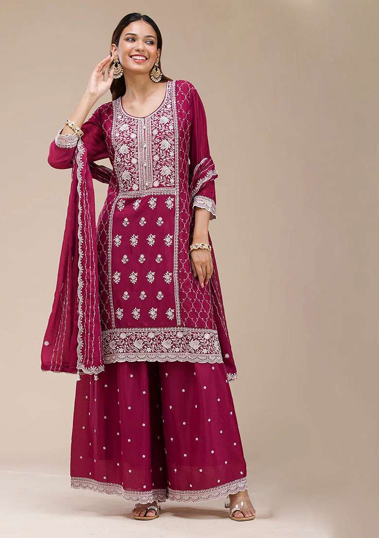 Rani Pink Embroidered Georgette Sharara Set - Indya