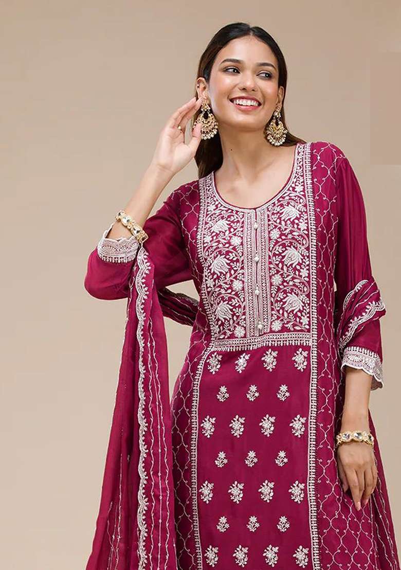 Rani Pink Embroidered Georgette Sharara Set - Indya