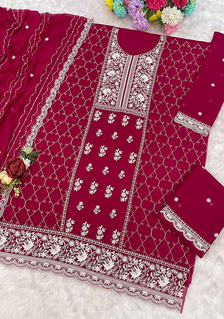 Rani Pink Embroidered Georgette Sharara Set - Indya
