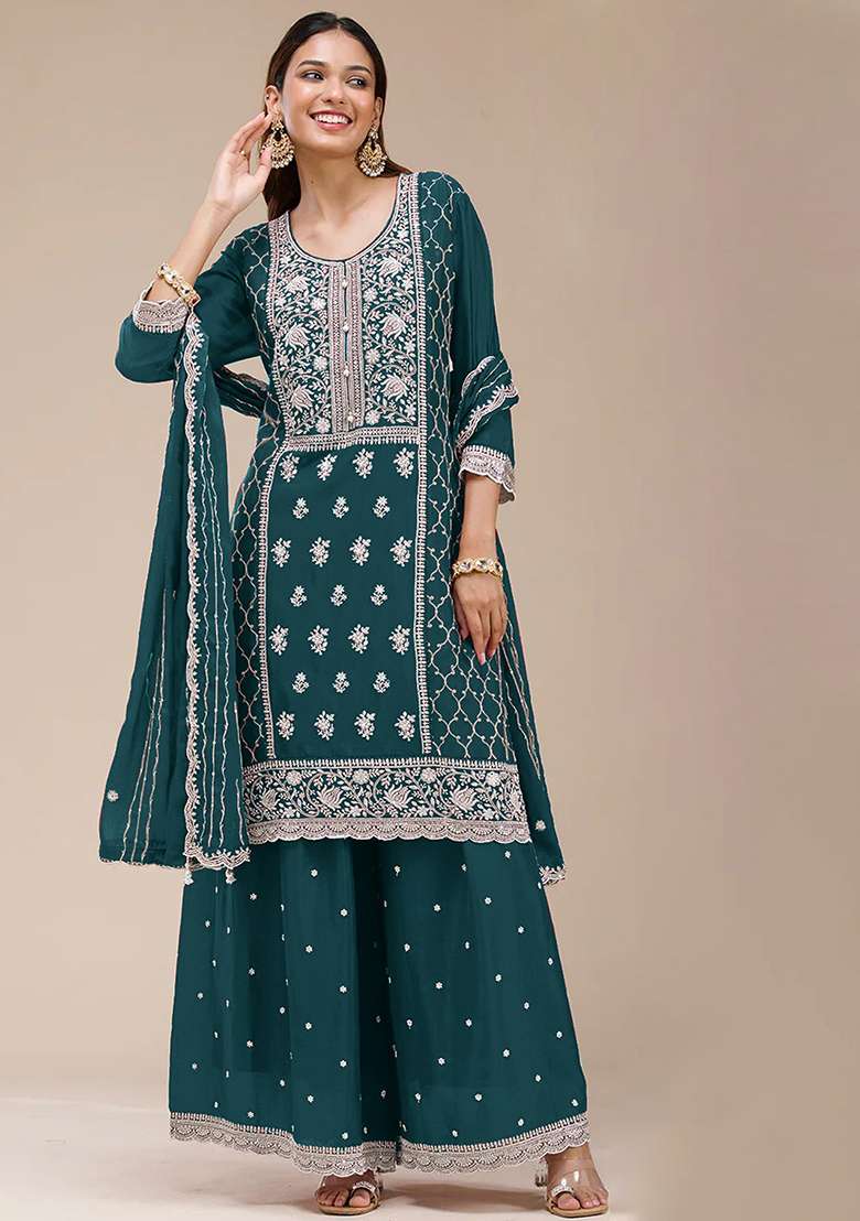 Magenta Embroidered Georgette Sharara Set - Indya