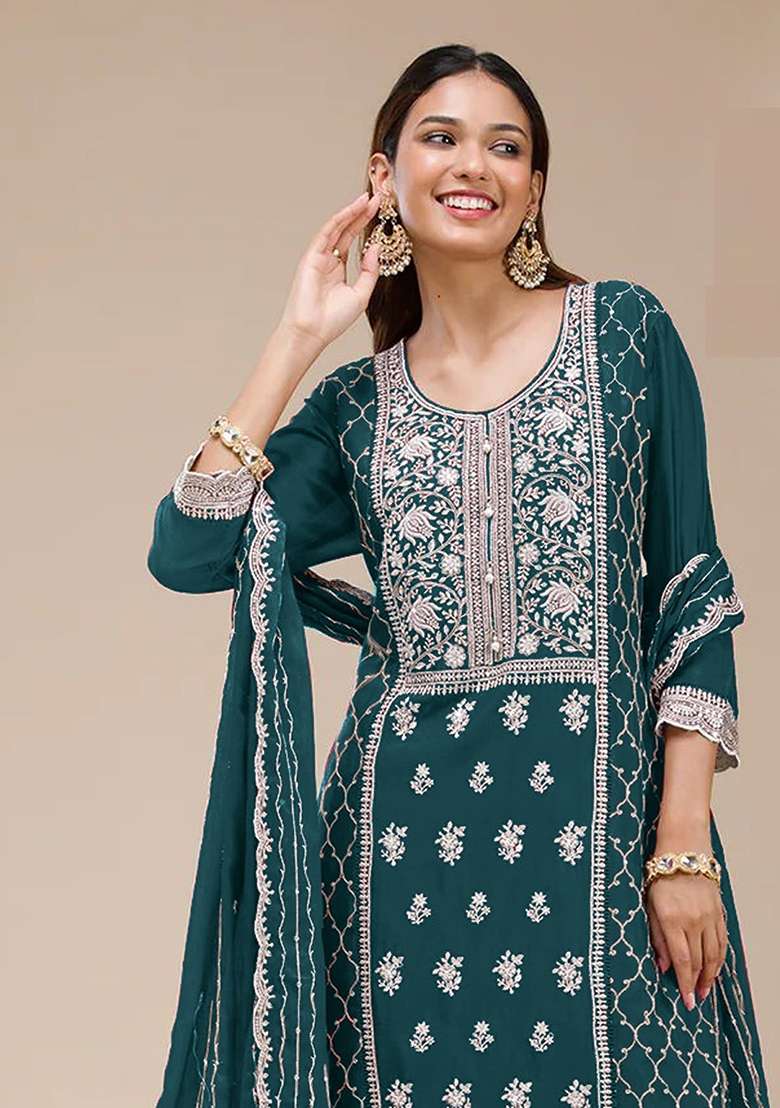 Magenta Embroidered Georgette Sharara Set - Indya