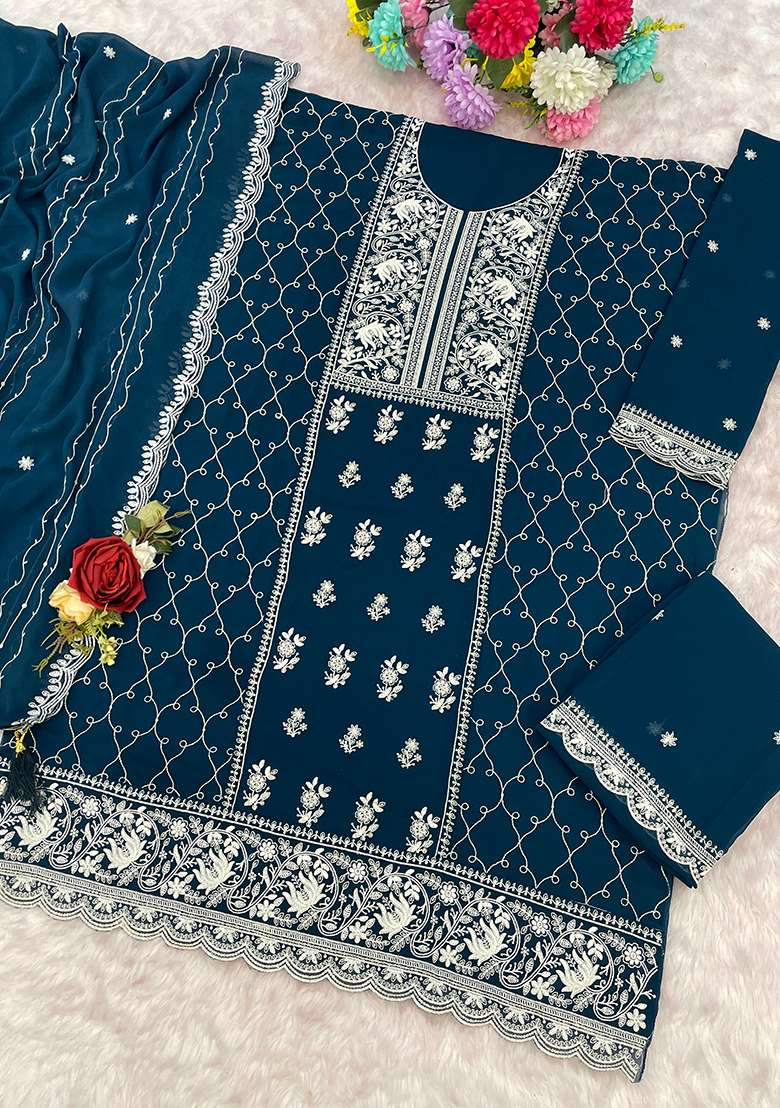 Magenta Embroidered Georgette Sharara Set - Indya