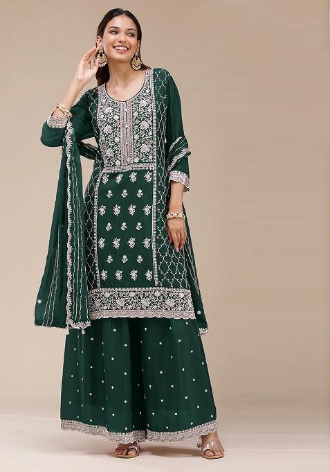 Green Embroidery Georgette Kurta Set