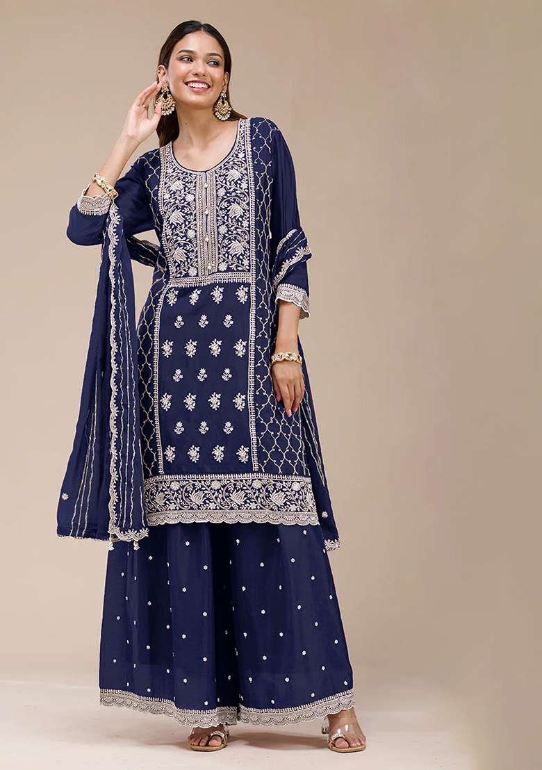 Blue Embroidered Georgette Sharara Set - Indya