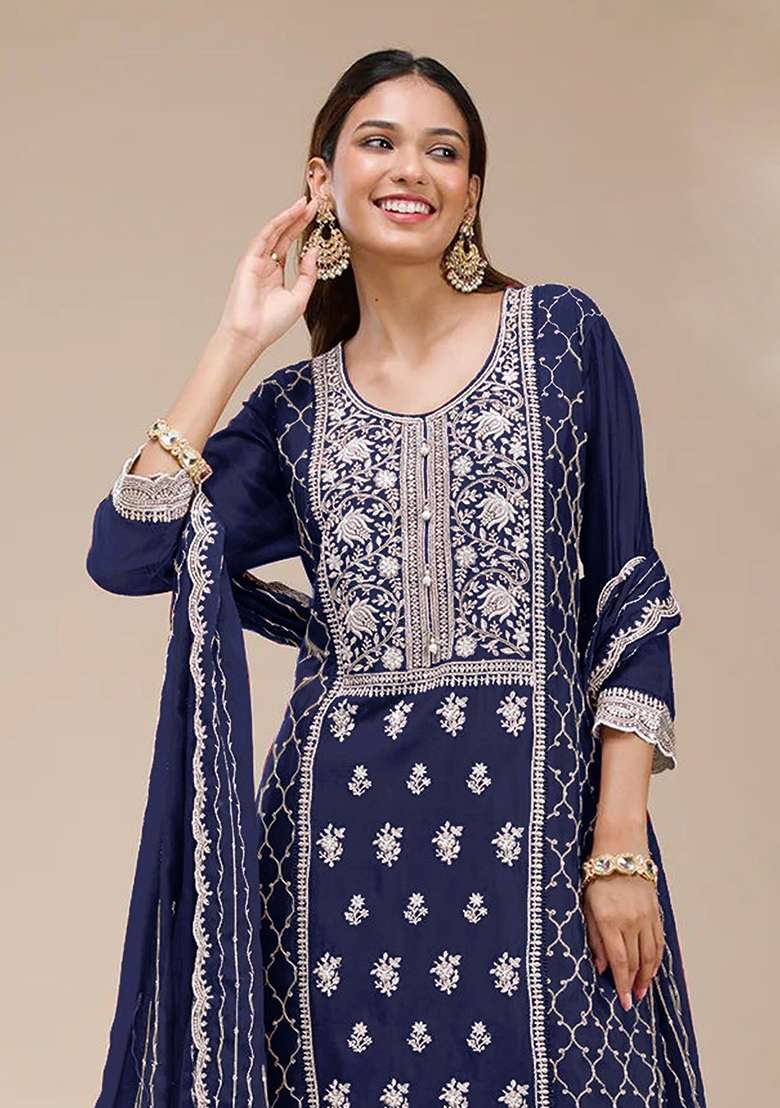 Blue Embroidered Georgette Sharara Set - Indya