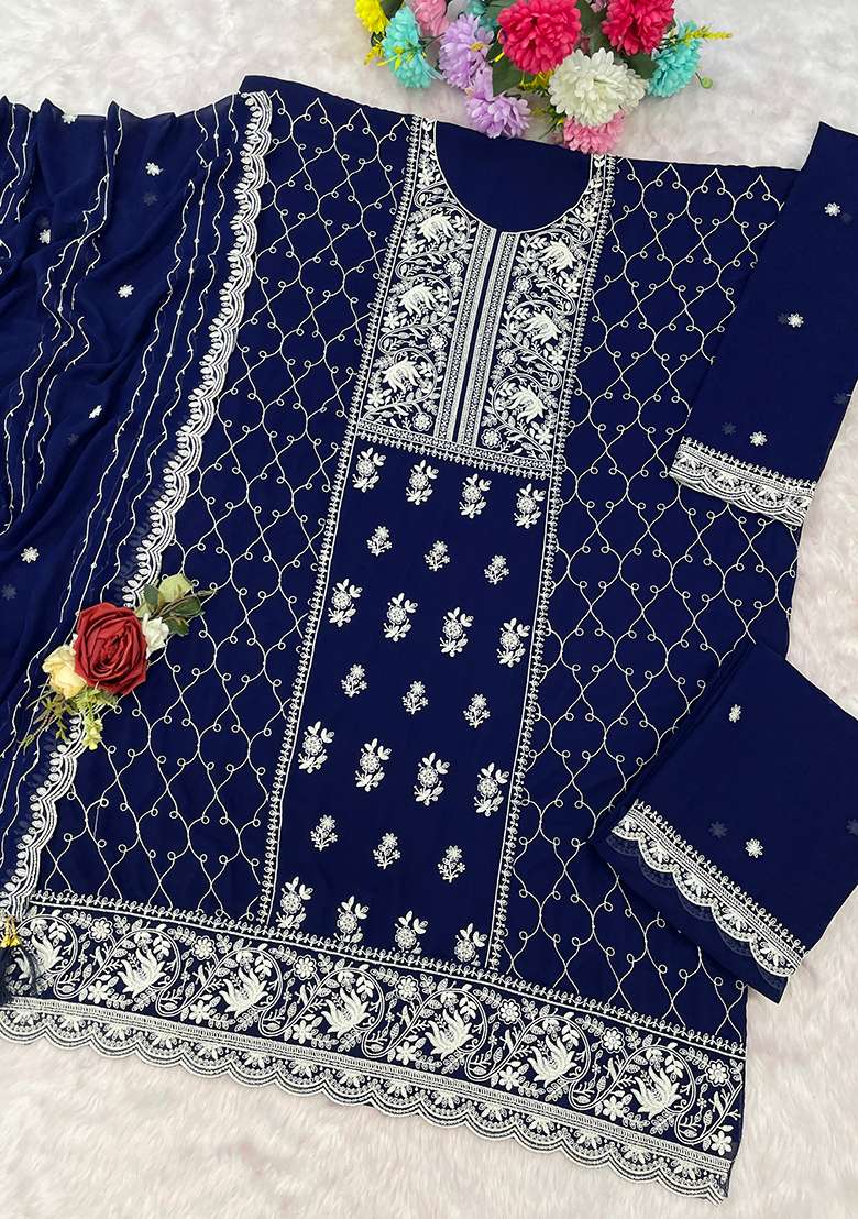 Blue Embroidered Georgette Sharara Set - Indya