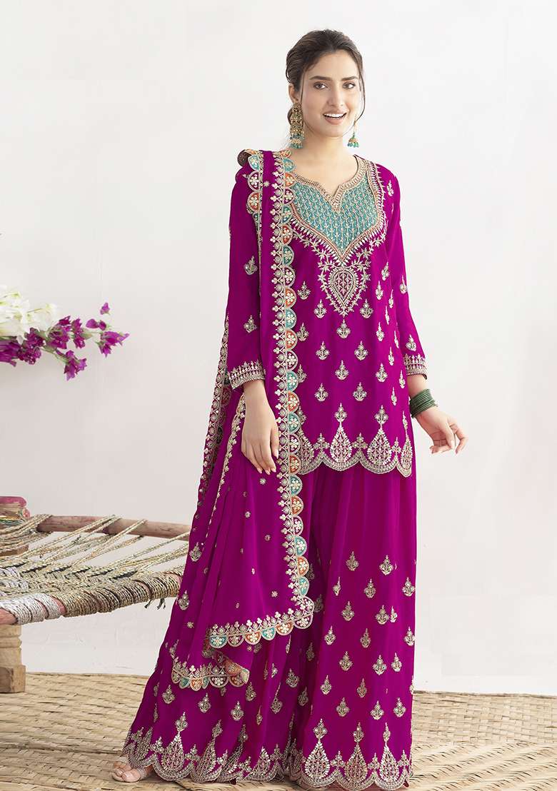 Pink Embroidered Chinon Sharara Set - Indya