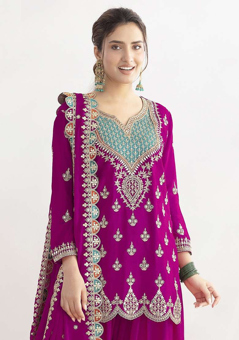 Pink Embroidered Chinon Sharara Set - Indya