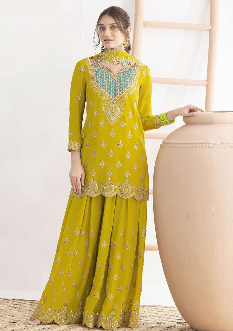 Yellow Embroidered Chinon Sharara Set - Indya