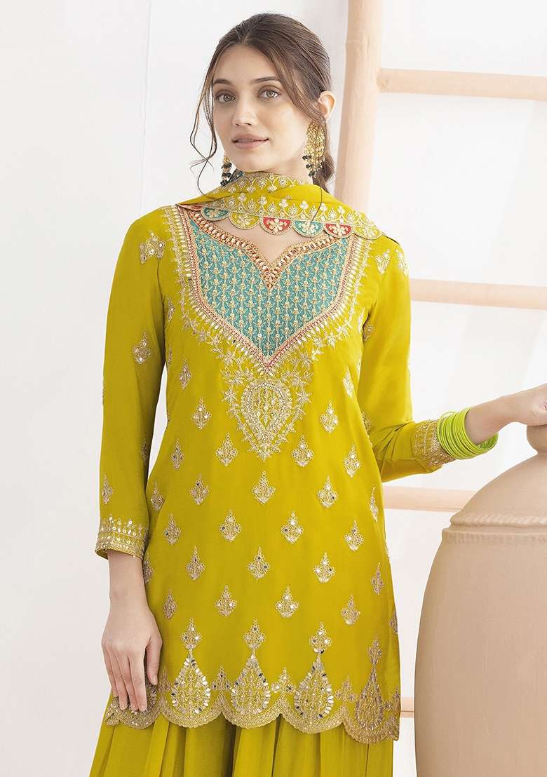 Yellow Embroidered Chinon Sharara Set - Indya