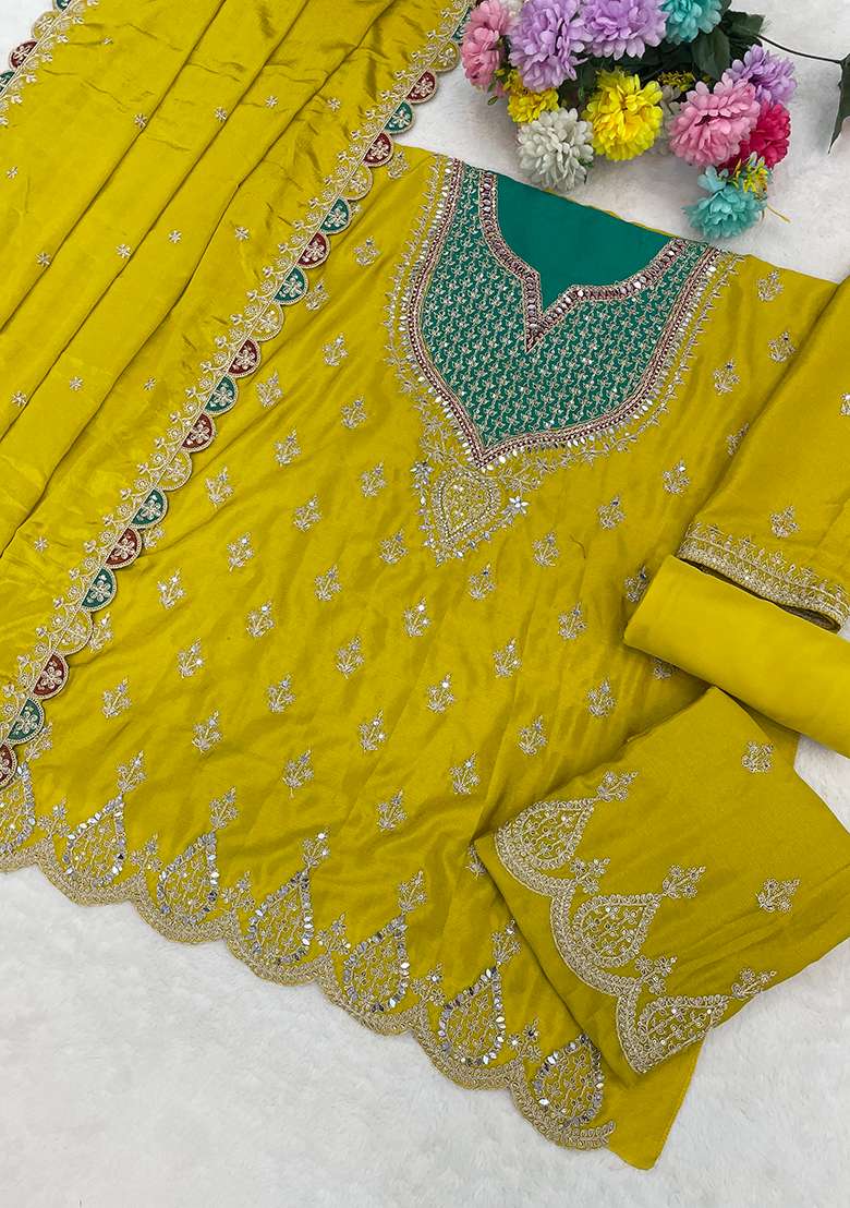 Yellow Embroidered Chinon Sharara Set - Indya