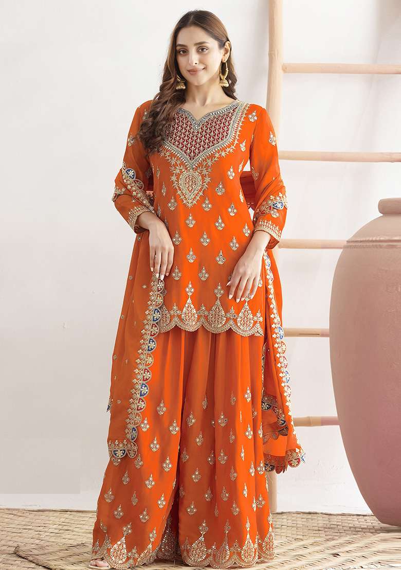Orange Embroidered Chinon Sharara Set - Indya