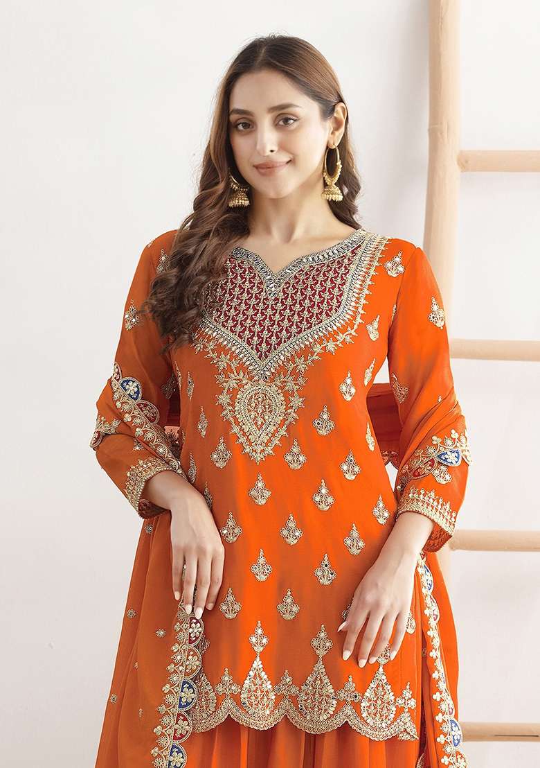 Orange Embroidered Chinon Sharara Set - Indya