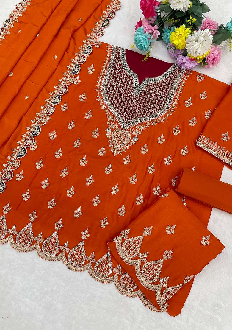 Orange Embroidered Chinon Sharara Set - Indya