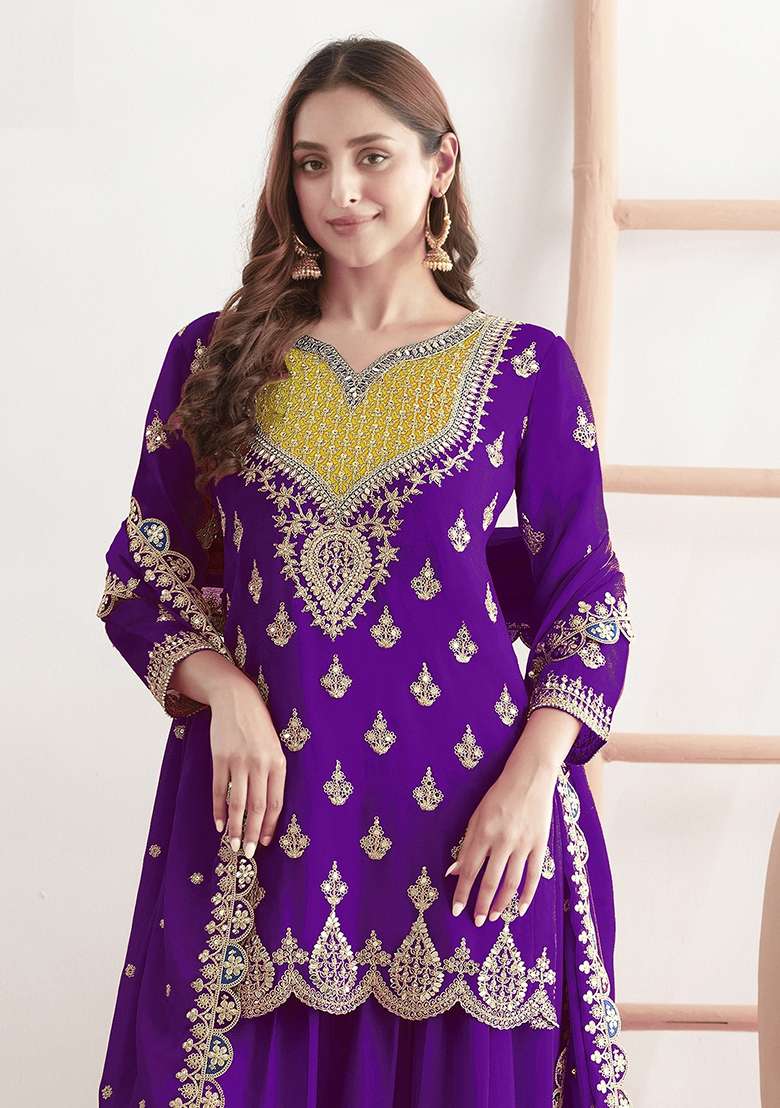 Purple Embroidered Chinon Sharara Set - Indya