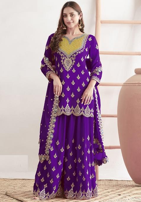 Purple Embroidery Chinon Kurta Set