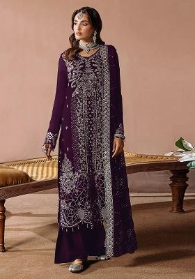 Purple Embroidery Velvet Kurta Set
