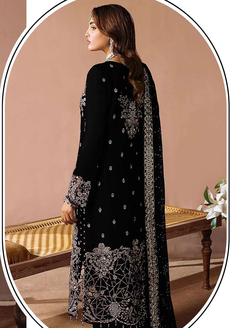 Black Embroidered Velvet Pakistani Suit Set - Indya