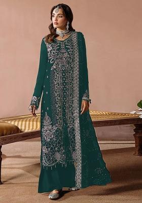 Teal Blue Embroidery Velvet Kurta Set