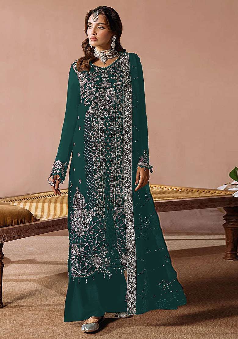 Teal Blue Embroidered Velvet Pakistani Suit Set - Indya