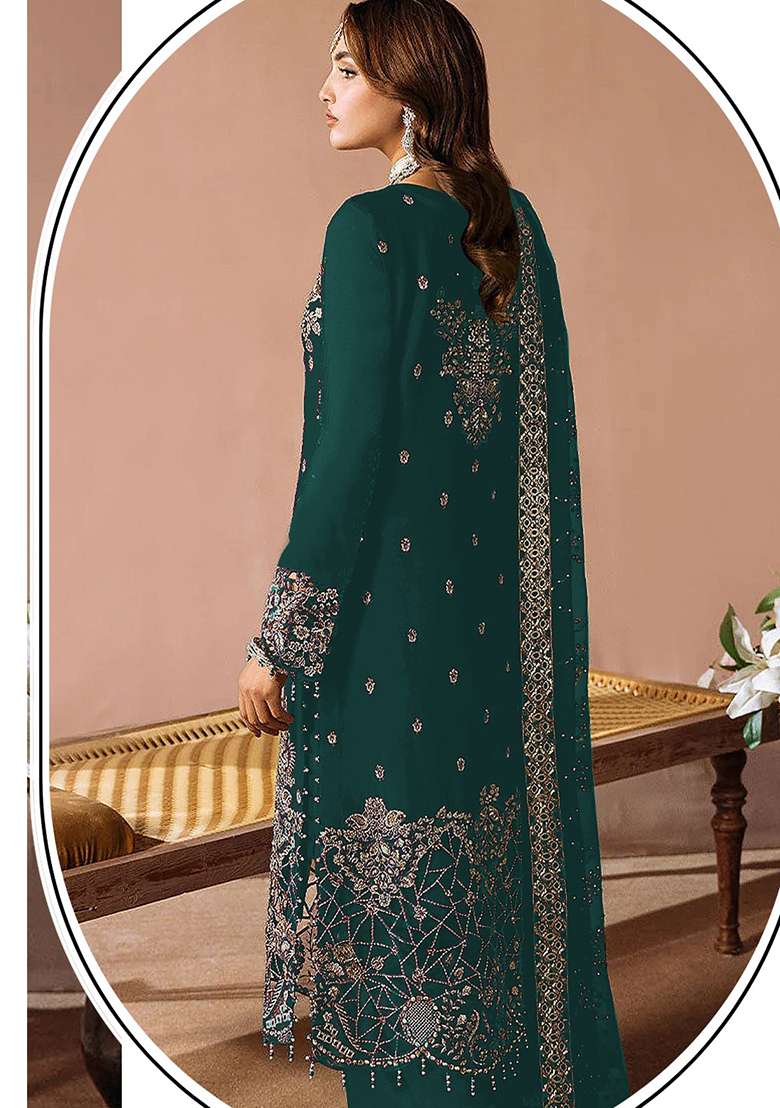 Teal Blue Embroidered Velvet Pakistani Suit Set - Indya