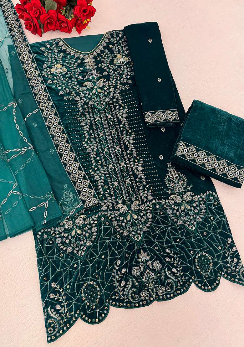 Teal Blue Embroidered Velvet Pakistani Suit Set - Indya
