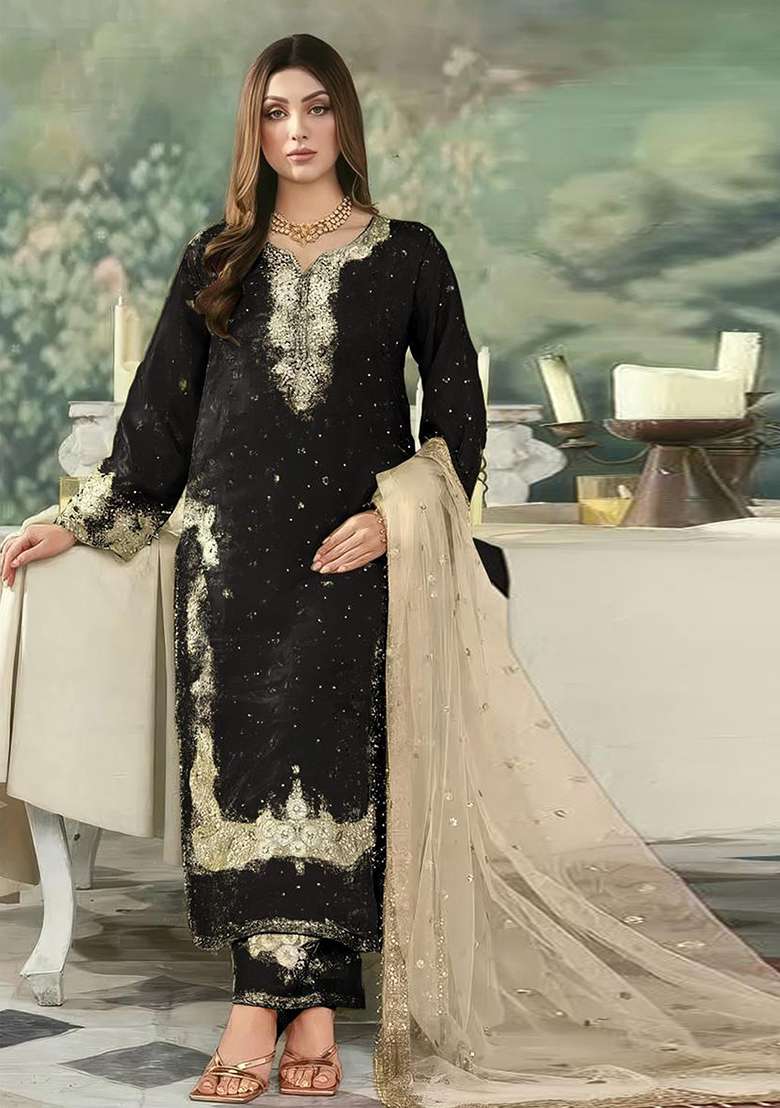Black Embroidered Silk Blend Pakistani Suit Set - Indya