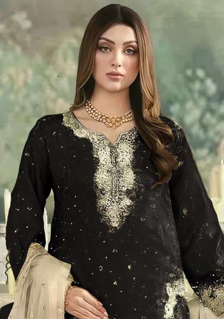 Black Embroidered Silk Blend Pakistani Suit Set - Indya