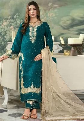 Blue Embroidery Silk Kurta Set