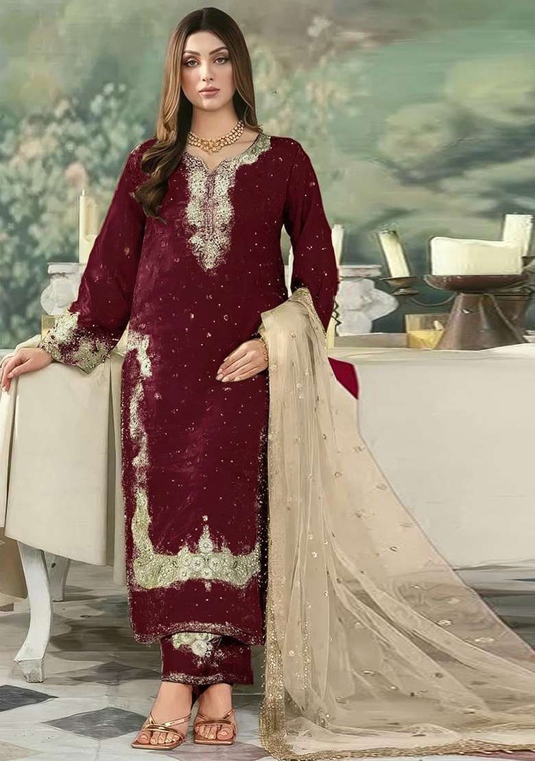 Maroon Embroidered Silk Blend Pakistani Suit Set - Indya