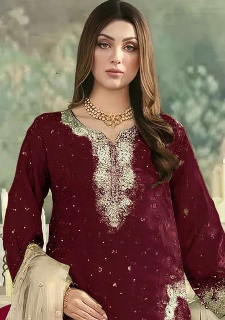 Maroon Embroidered Silk Blend Pakistani Suit Set - Indya