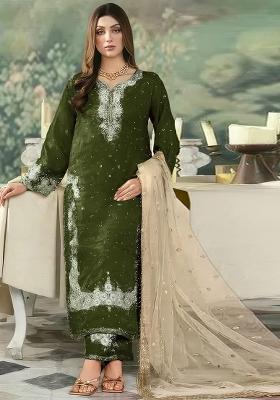 Green Embroidery Silk Kurta Set