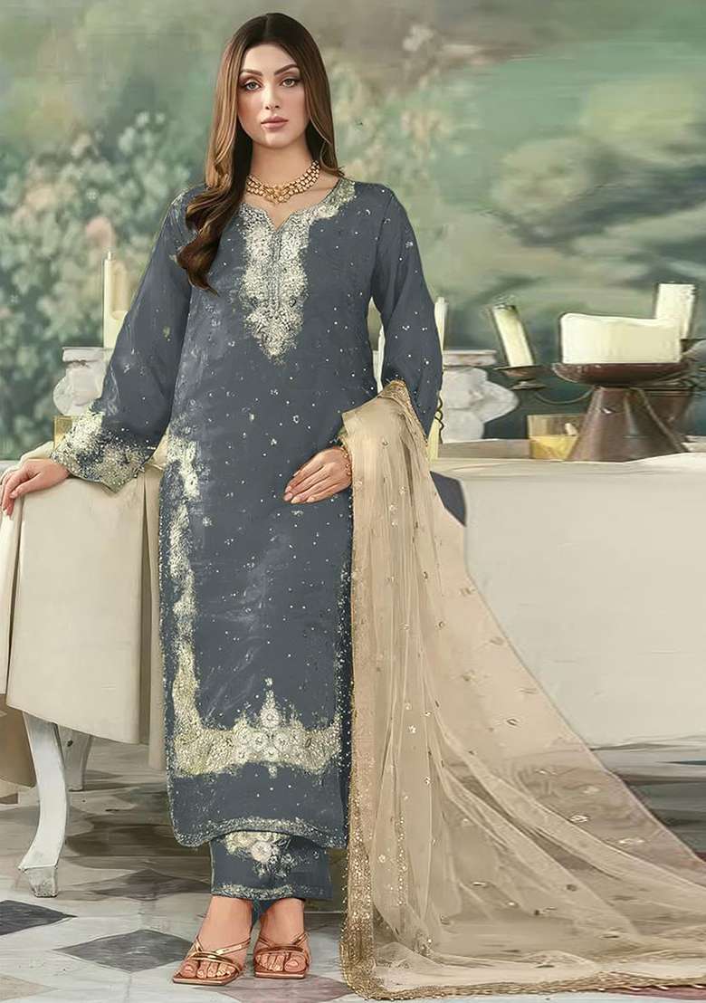 Grey Embroidered Silk Blend Pakistani Suit Set - Indya