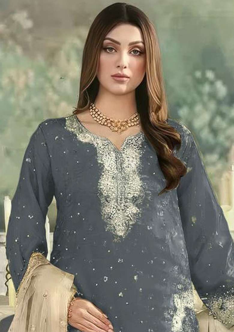 Grey Embroidered Silk Blend Pakistani Suit Set - Indya