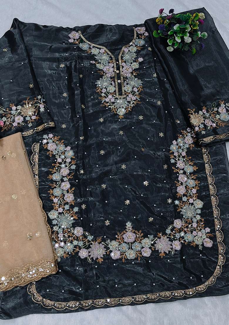Grey Embroidered Silk Blend Pakistani Suit Set - Indya