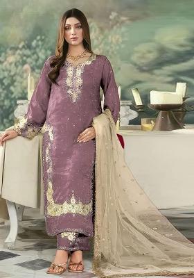 Purple Embroidery Silk Kurta Set