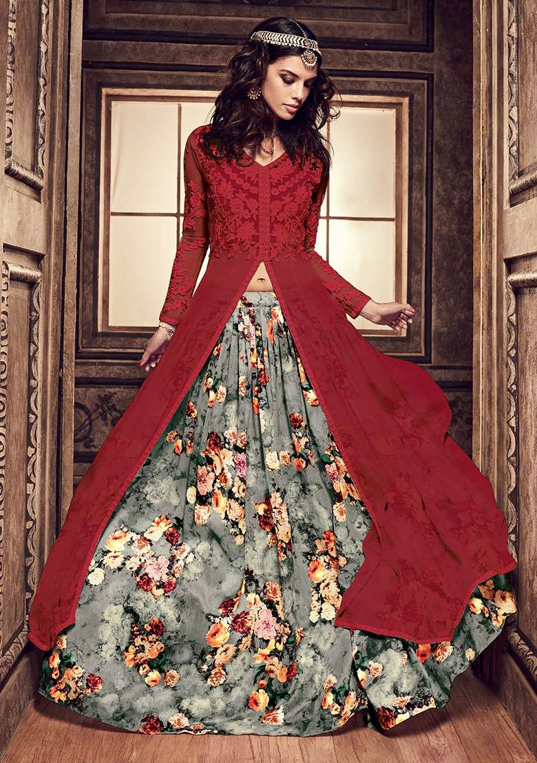 Red Embroidered Georgette Anarkali Set - Indya