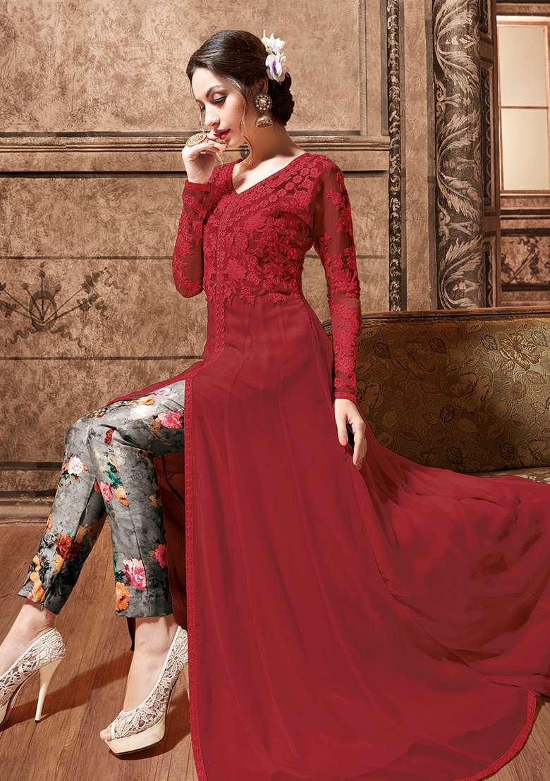 Red Embroidered Georgette Anarkali Set - Indya