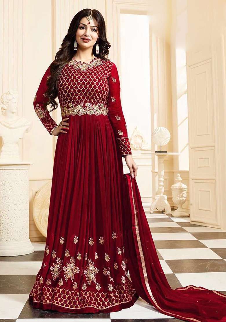 Red Embroidered Georgette Anarkali Set - Indya