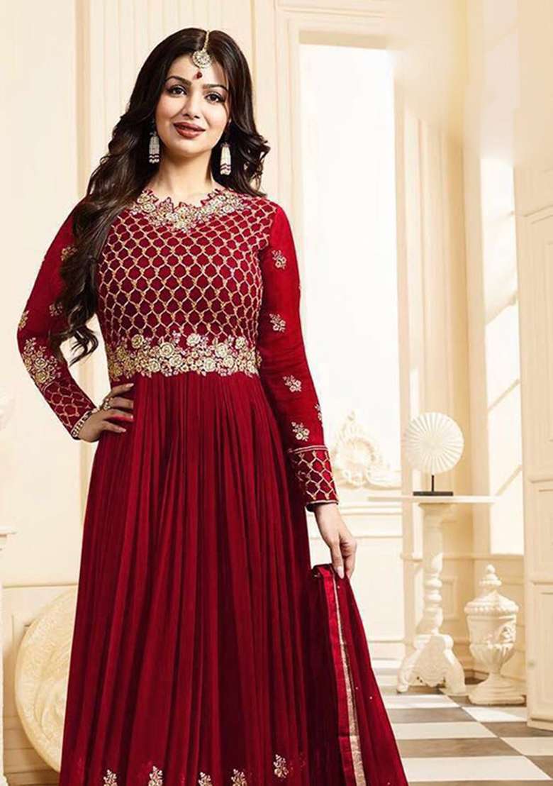 Red Embroidered Georgette Anarkali Set - Indya