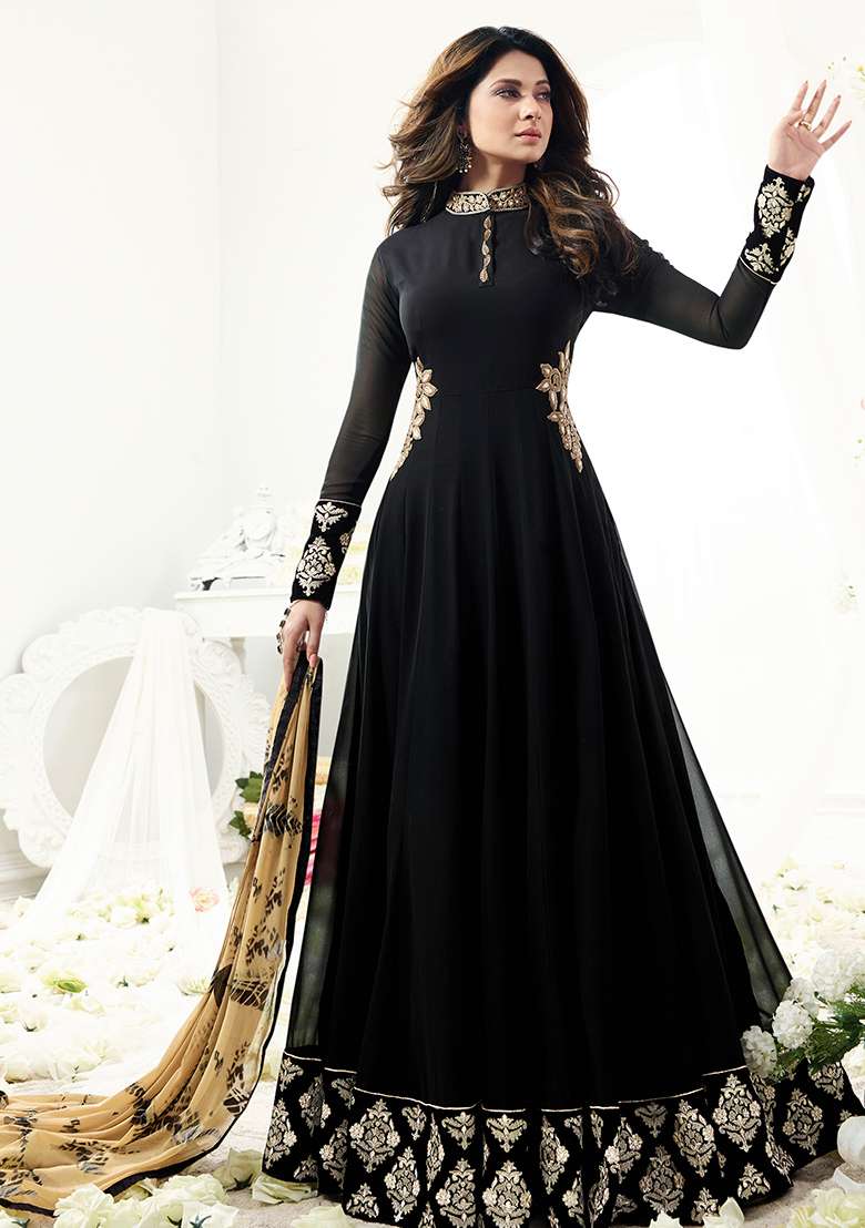 Black Embroidered Georgette Anarkali Set - Indya