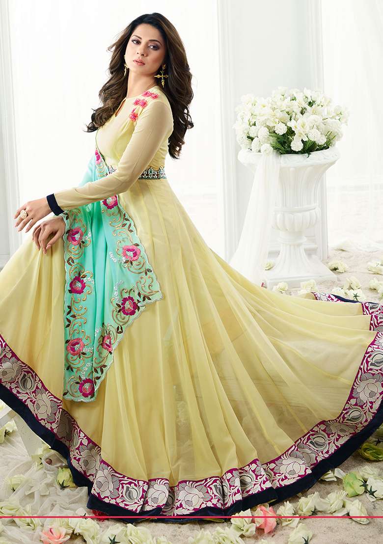 Yellow Embroidered Georgette Anarkali Set - Indya