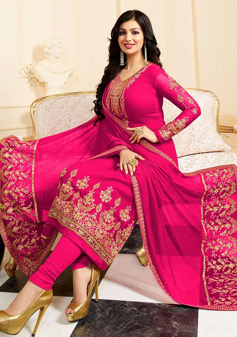 Pink Embroidered Georgette Anarkali Set - Indya