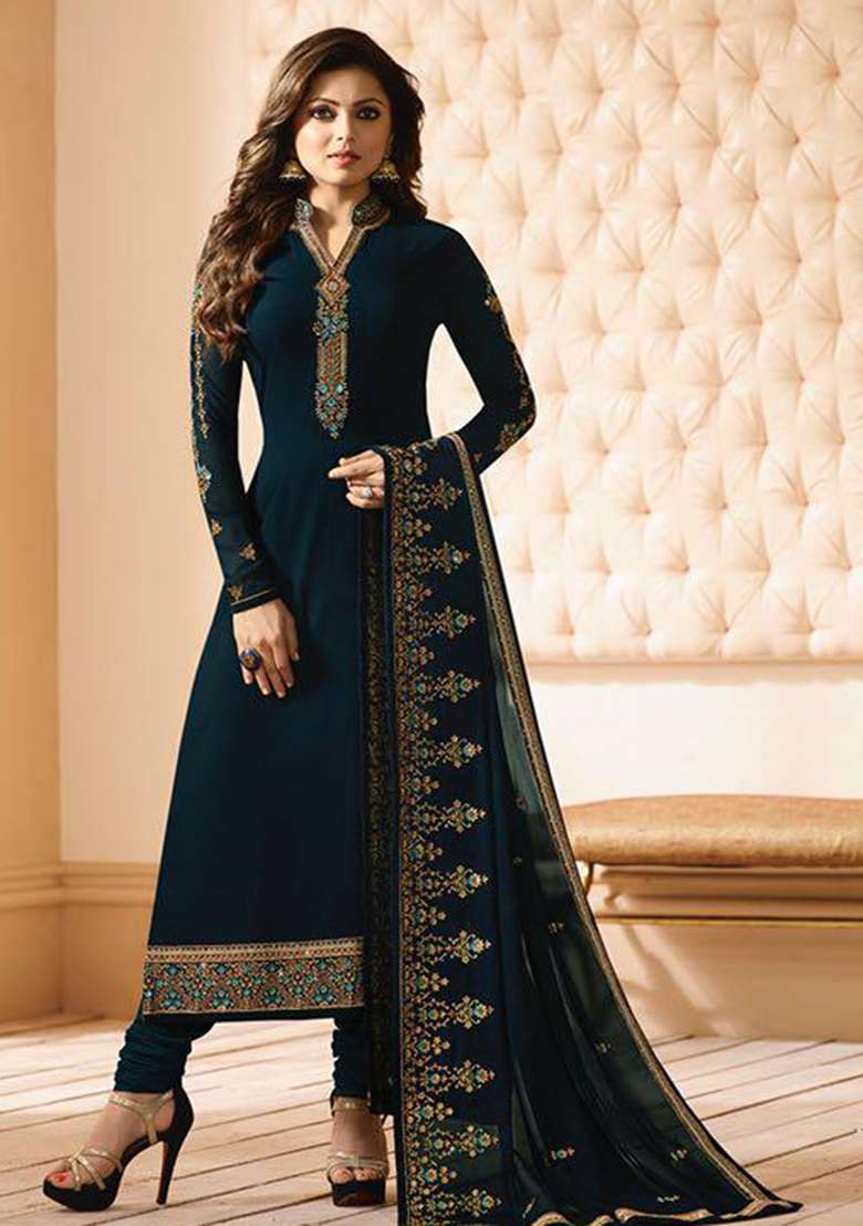 Blue Embroidery Georgette Salwar Kameez - Indya
