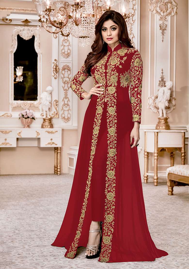 Maroon Embroidered Georgette Anarkali Set - Indya