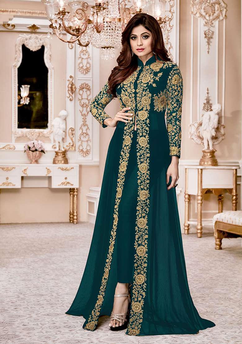 Teal Blue Embroidered Georgette Anarkali Set - Indya